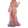 NLAVW Women's Evening Dress Pink Sexy Deep V Neck Bodycon Mesh Slit Sequin Party Prom Formal Gown Dresses Mature Dresses,Pink,S