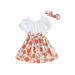 Carolilly Toddler Girls Summer Casual Dress Short Sleeve Pleated Off Shoulder Floral Patchwork Party Dress with Headband