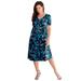 Plus Size Women's Ultrasmooth® Fabric V-Neck Swing Dress by Roaman's in Black Ikat Paisley (Size 14/16) Stretch Jersey Short Sleeve V-Neck