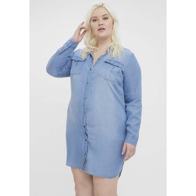 Jeanskleid VERO MODA CURVE "VMSILA LS SHORT DRESS MIX GA CURVE NOOS", Damen, Gr. 44, N-Gr, blau (light blau denim), Obermaterial: 100% Lyocell (TENCEL), modisch, Langarm, Kleider Image