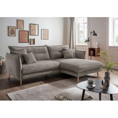 Ecksofa INOSIGN "Lazio modern und bequem, schmale Armlehnen, tolle Detailverarbeitung", grau (grau, braun, zierkissen grau, braun), B:255cm H:94cm T:180cm, 100% Polyester, Sofas, zwei verschiedene Fußfarben wählbar Image