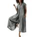 Women s Jumpsuits Rompers & Overalls Solid Colour Casual Short Sleeve Mid Length Cotton Linen Shirt Jumpsuits for Women