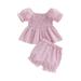 Wassery Infant Baby Girl Summer Outfit Stripe Short Puff Sleeve Ruched Dress Tops Elastic Waist Shorts 2Pcs 6M 9M 12M 18M 24M 3T Toddler Clothes Set