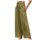 High Waisted Wide Leg Pants for Women Casual Lace-up Smocked Chiffon Lounge Palazzo Pants Trousers with Pockets (Small Army Green)