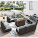 Grezone 11 PCS Outdoor Patio Furniture Set with Fire Pit Table Wicker Patio Conversation Set Grey