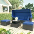 Patio Furniture Sofa Set Outdoor Conversation Sets with Retract Canopy 4 Pieces Sectional Patio Daybed Sunbed with Table Cushions Pillows Backyard Lawn Porch Pool