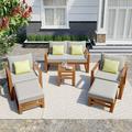6 Pieces Outdoor Wood Sofa Conversation Set Patio Sectional Seating Groups Chat Set with Ottomans and Cushions for Garden Backyard Poolside Balcony Gray