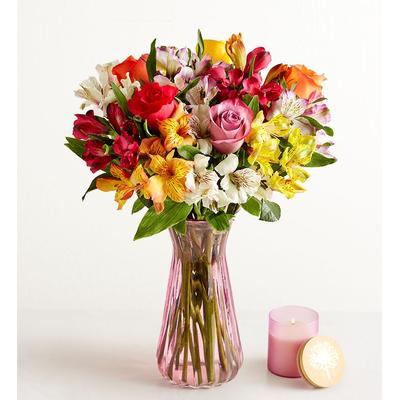 1-800-Flowers Flower Delivery Assorted Roses & Peruvian Lilies W/ Pink Vase & Candle