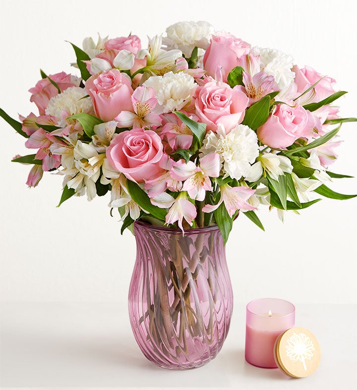 1-800-Flowers Flower Delivery Cherished Blooms Double Bouquet W/ Pink Vase & Candle