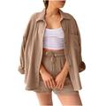 REORIAFEE Two Piece Sets for Women Summer Casual Elegant 2 Piece Sets for Beach Work Workout Set Women s Summer Two Piece Neck Long Sleeve Shirt High Waist Drawstring Shorts Casual Set Khaki L