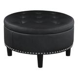 30 Inch Round Storage Ottoman, Black Vegan Faux Leather, Button Tufted