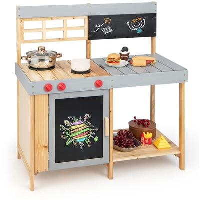 Kinderküche aus Massivholz, Stabile Matschküche mit Wasserbecken & Kreidetafel, Küche Spielset mit Image