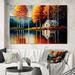 Red Barrel Studio® Red & Orange Lake House w/ Birch Trees - 3 Piece Print on Canvas Metal in White | 32 H x 48 W x 1 D in | Wayfair