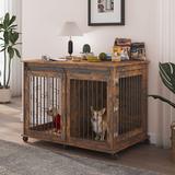 Tucker Murphy Pet™ Large Dog Crate Furniture w/ Sliding Door, Wooden Dog Kennel Indoor w/ Partition, Dog Cage w/ Flip-Up Top & Wheels | Wayfair