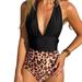 Rinhoo Women One-Piece Striped Leopard Printed Deep V Neck Sleeveless Backless Bikini Swimsuit