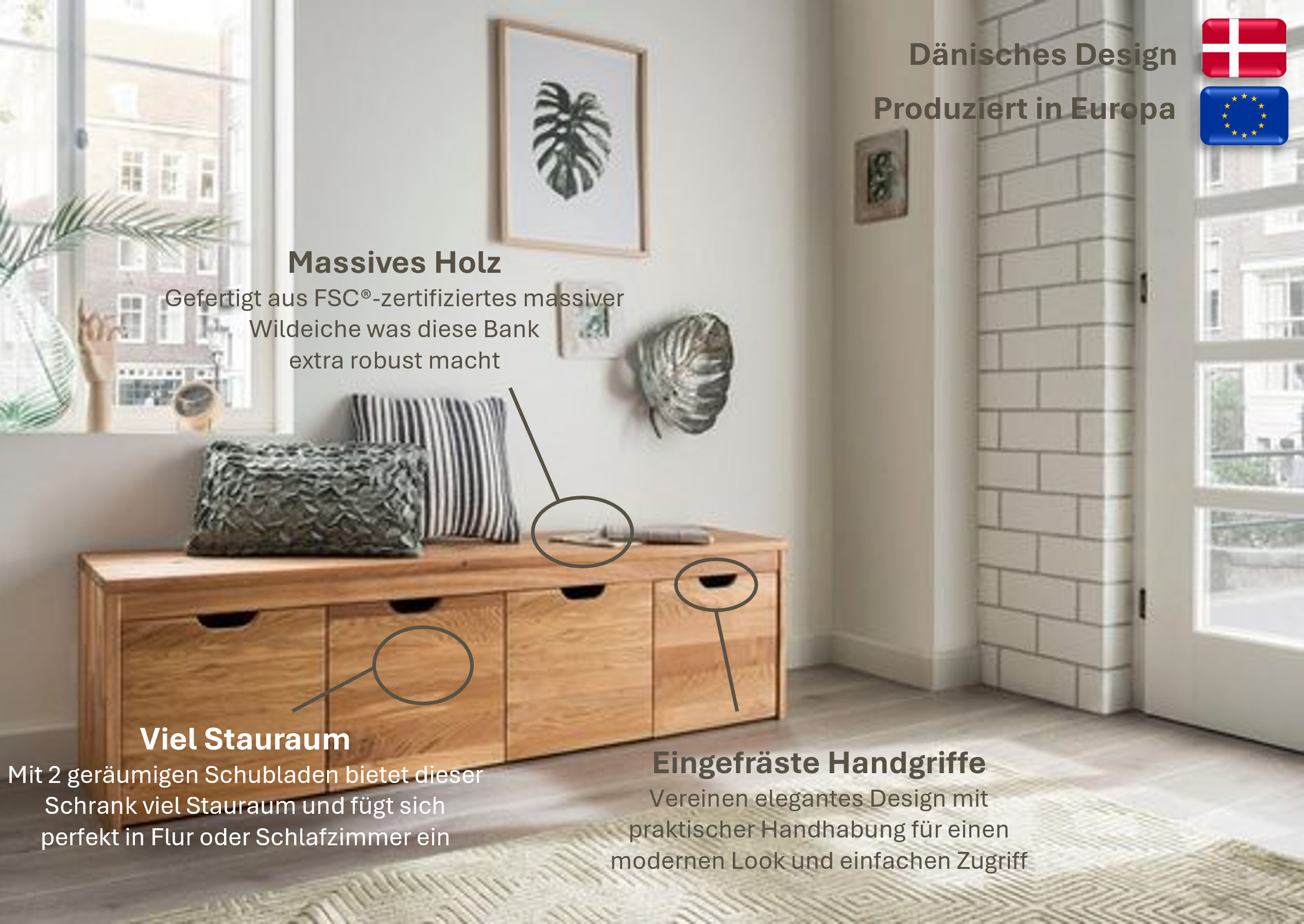 Schuhbank HOME AFFAIRE "Dura Schuhbank incl. Schubladen funktionell und stabil", braun (wildeiche), B:160cm H:45cm T:40cm, Massivholz, Sitzbänke, Schuhbank, Massivholz, Skandinavisches Design, Robust, stabil, FSC zertifiziert, Topseller