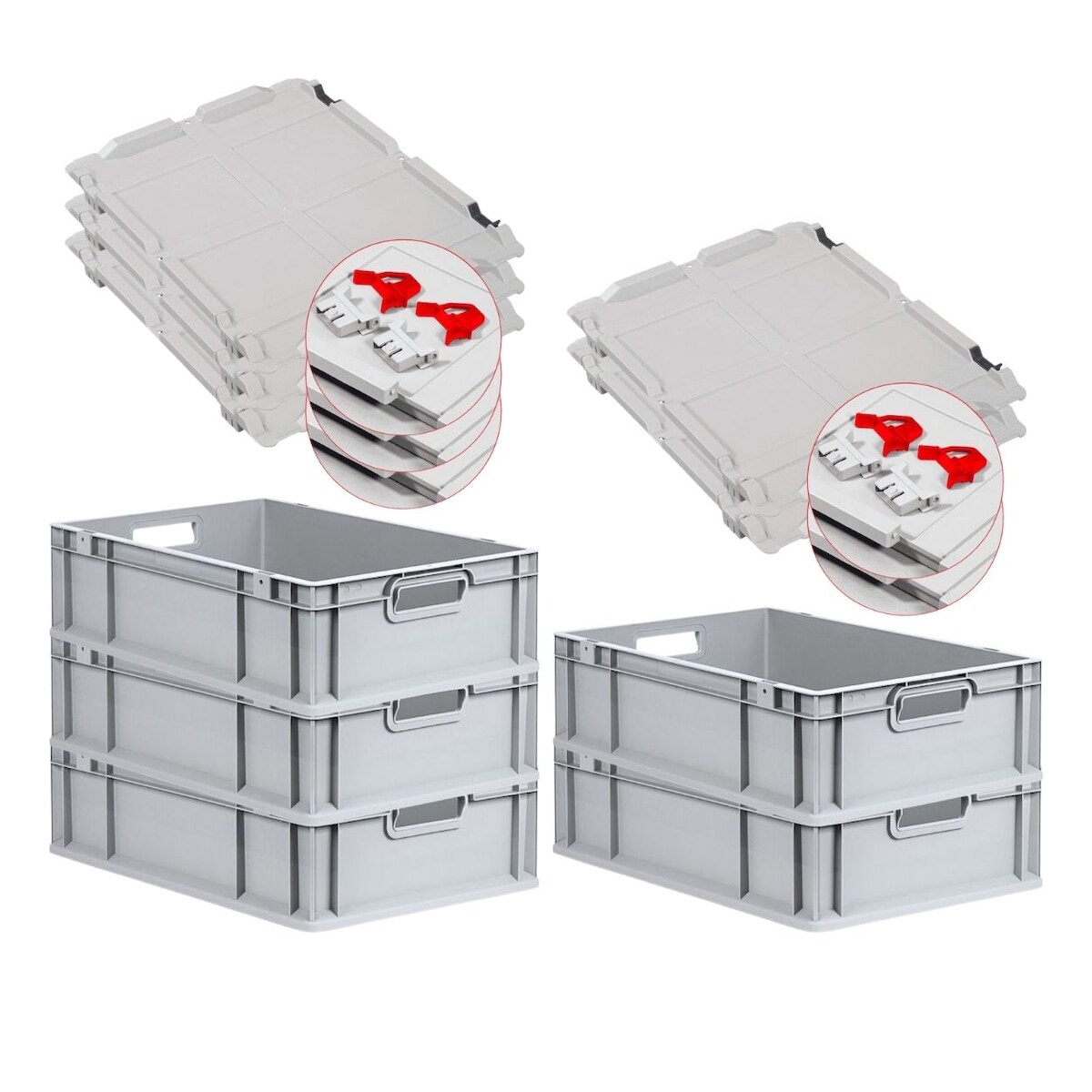 PROREGAL 5x Eurobox NextGen Grip mit Scharnierdeckel & roten Verschlüssen | HxBxT 17x40x60cm | 34 Liter | Griffe offen | Glatter Boden Image