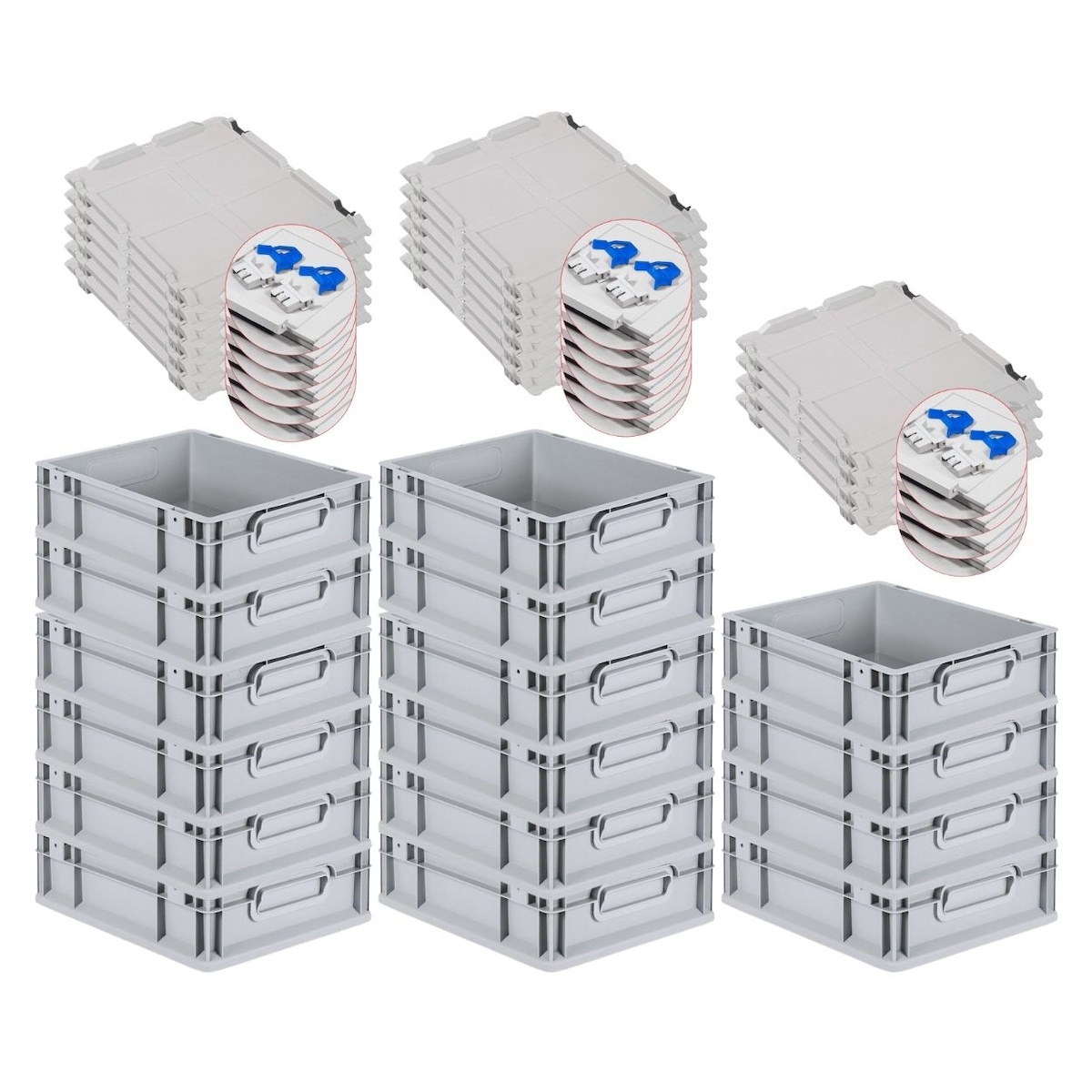 PROREGAL 16x Eurobox NextGen Grip mit Scharnierdeckel & blauen Verschlüssen | HxBxT 12x30x40cm | 11 Liter | Griffe geschlossen | Glatter Boden Image