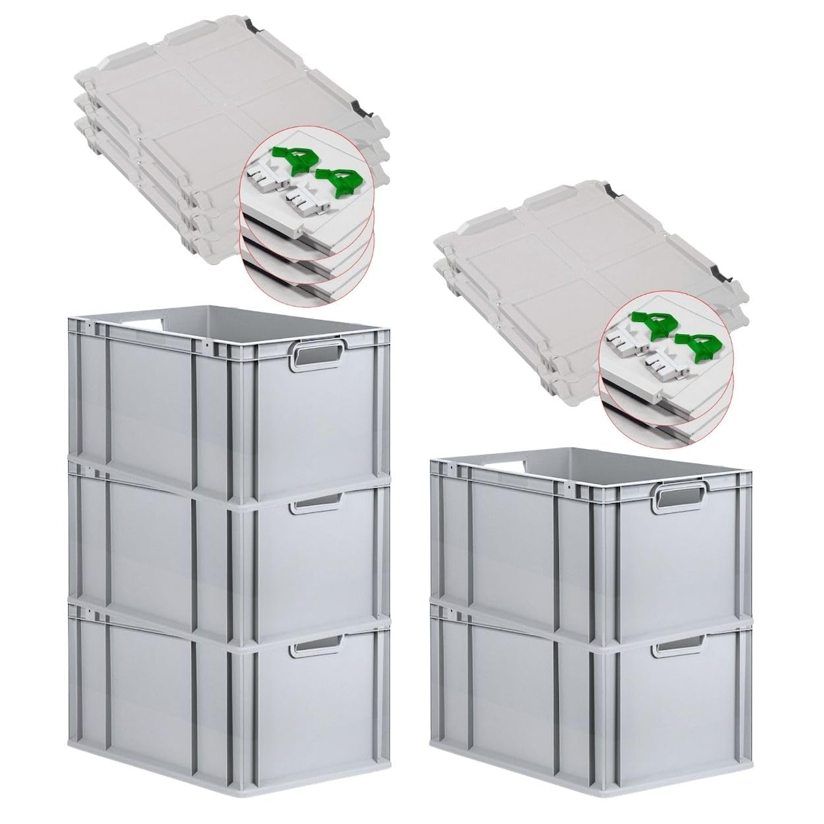PROREGAL SuperSparSet 5x Eurobox NextGen Economy mit Scharnierdeckel & grünen Verschlüssen, Griffe offen, HxBxT 32x40x60cm, 65L, Eurobehälter, Box Image