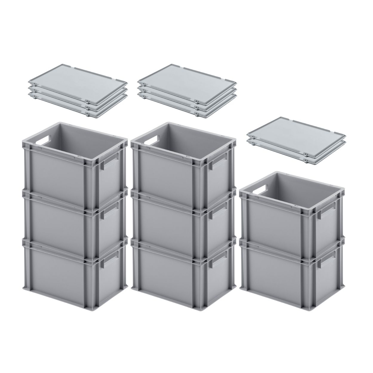PROREGAL 8x Eurobehälter mit offenem Griff und Scharnierdeckel | HxBxT 23,5x30x40cm | 22 Liter | Grau | Eurobox Image