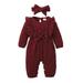 Kucnuzki Infant Girl Clothes 6 Months Infant Girl Fall-Winter Bodysuit 9 Months Infant Girl Long Sleeve Solid Color Sweater Bodysuit Headband 2PCS Set Red