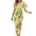 QUYUON Women Off Shoulder Jumpsuits Summer Casual Tropical Printed Off Shoulder Short Sleeve Ruffle Hem Romper Cropped Jumpsuit Ladies One-Piece Jumpsuits Fashion Overalls Style J-577 Yellow XXL