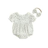 TFFR Baby Girls Floral Jumpsuit Infant Short Sleeve Romper with Elastic Bow Headband