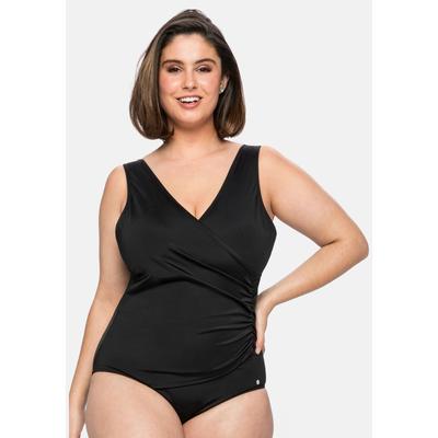 Badeanzug SHEEGO "Große Größen", Damen, Gr. 52, Cup B, schwarz, Polyamid, Xtra Life LYCRA, unifarben, Badeanzüge, in Wickeloptik, mit wattierten Soft-Cups Image