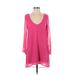 TOBI Casual Dress - Shift Plunge Long sleeves: Pink Print Dresses - Women's Size Small