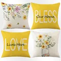 Juste de coussin jaune imprimé floral taie d'oreiller fleurs plantes lettres ferme décoration