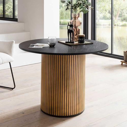 Runder Esstisch Skandi Stil furniert Eichefarben und Schwarz