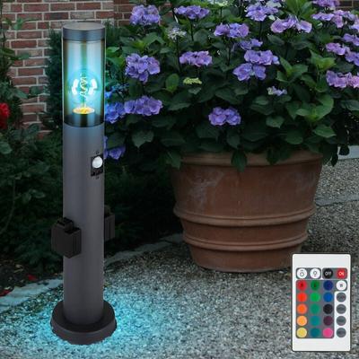 Sockelleuchte mit Bewegungsmelder Außenleuchte mit Steckdosen Stehlampe Außen, anthrazit rauch, Image