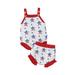 4th of July Infant Baby Girl Outfit Strappy American Flag Stars Ribbed Romper and Ruffles Shorts fourth of July Baby Clothes