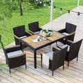 7 Piece Outdoor Patio Dining Set Indoor Outdoor Wicker Dining Furniture Set with Brown Rattan Dining Table and Chairs with Cushions Brown Tabletop