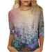 YDKZYMD Purple Womens 3/4 Sleeve Tops Blue and White Dressy Casual Crew Neck Womens Sexy Summer Blouses Oversized Graphic Ladies Fashion Tops Printed Womens White Compression Shirt L