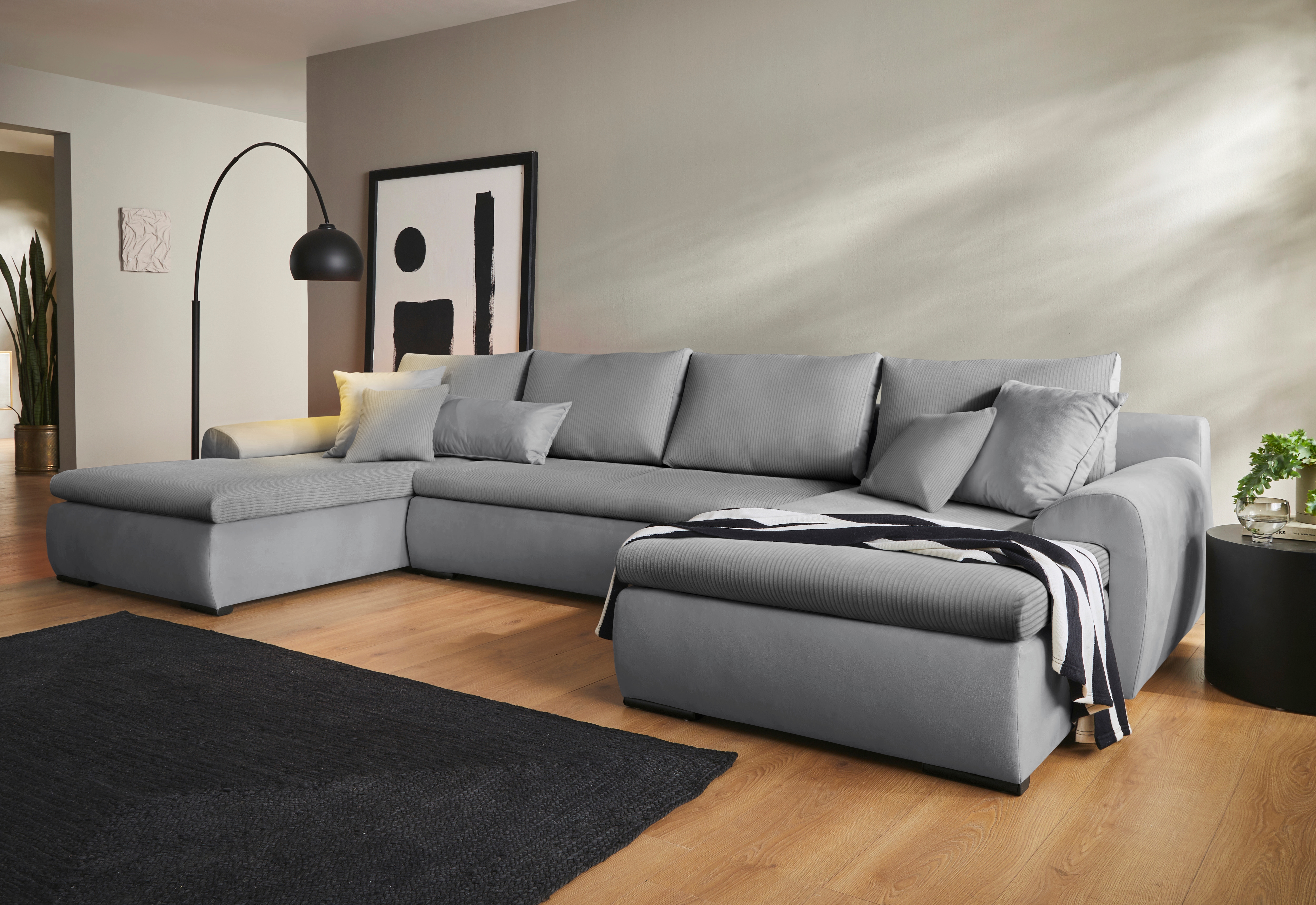 Wohnlandschaft HOME AFFAIRE "Win U-Form, B: 366 cm - OTTO. Verlässliche Qualität.", grau (hellgrau, silbergrau), B:366cm H:85cm T:176cm, 100% Polyester, Sofas, Wohnlandschaft, mit Bettfunktion, Bettkasten & 5 Zierkissen
