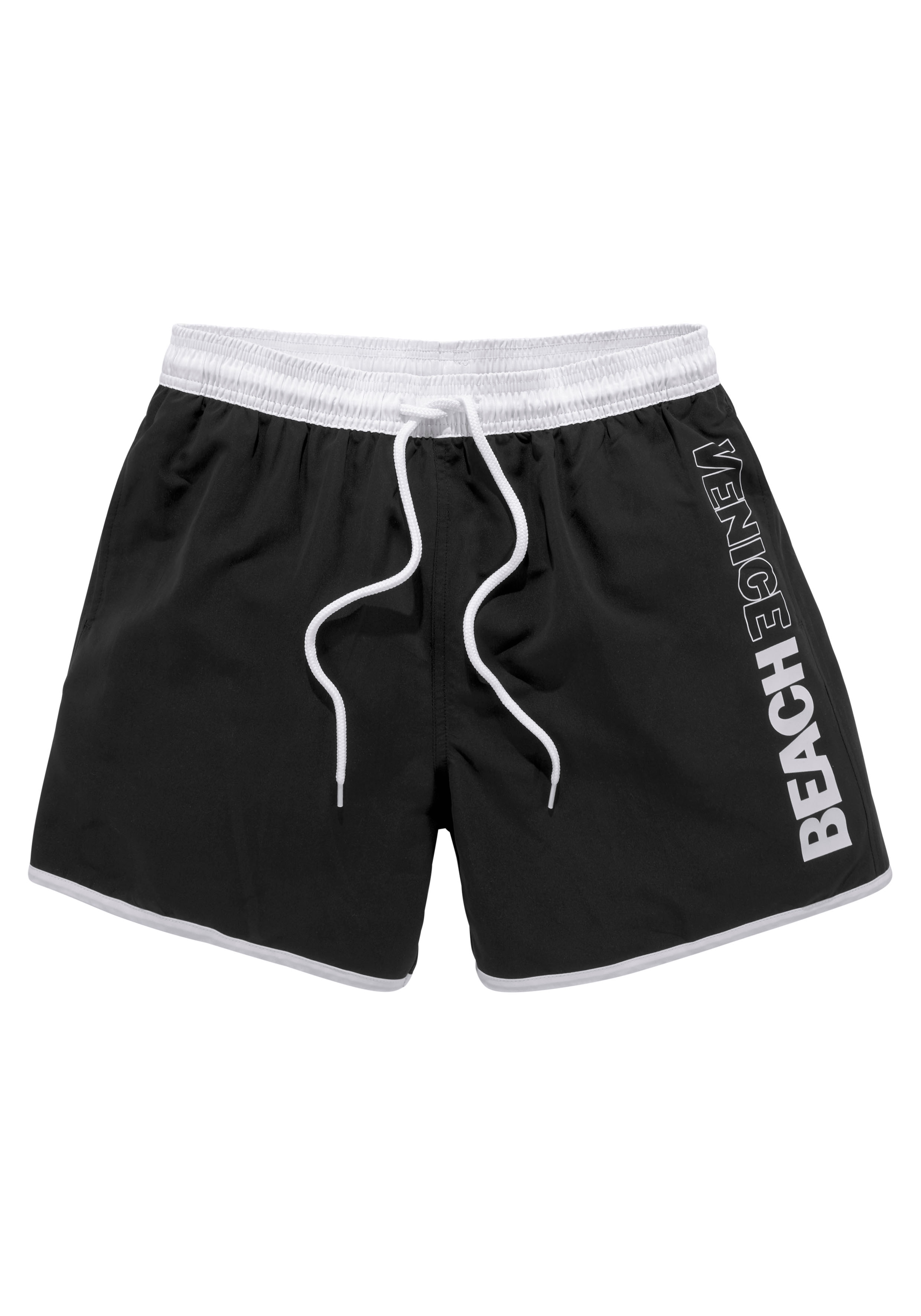 Badeshorts VENICE BEACH "Bo", Herren, Gr. XXL (58/60), N-Gr, schwarz, Microfaser, Microfaser, Polyester, Recycling-Polyester, unifarben, Badehosen, mit Logodruck am Bein Image