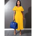Robes mi-longues plissées pour femmes, manches courtes, volants, élégantes, vert, jaune, ligne A, Chic, mode printemps été, Robes de fête d'anniversaire