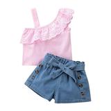 Solid Color One Shoulder Strap Sleeveless Lace Top Tie Up Denim Shorts Girl Clothes Two Piece Set Baby Clothes