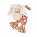 Lamuusaa 3Pcs Baby Girl Fall Outfits Long Sleeve Romper + Floral Bell Bottoms + Headband Set Winter Outfit