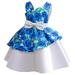 Summer Savings Clearance 2024! Loopsun Girls Party Dresses V-Neck Sleeveless Floral Printing Satin Bowknot Flower Decoration Midi Dress Blue