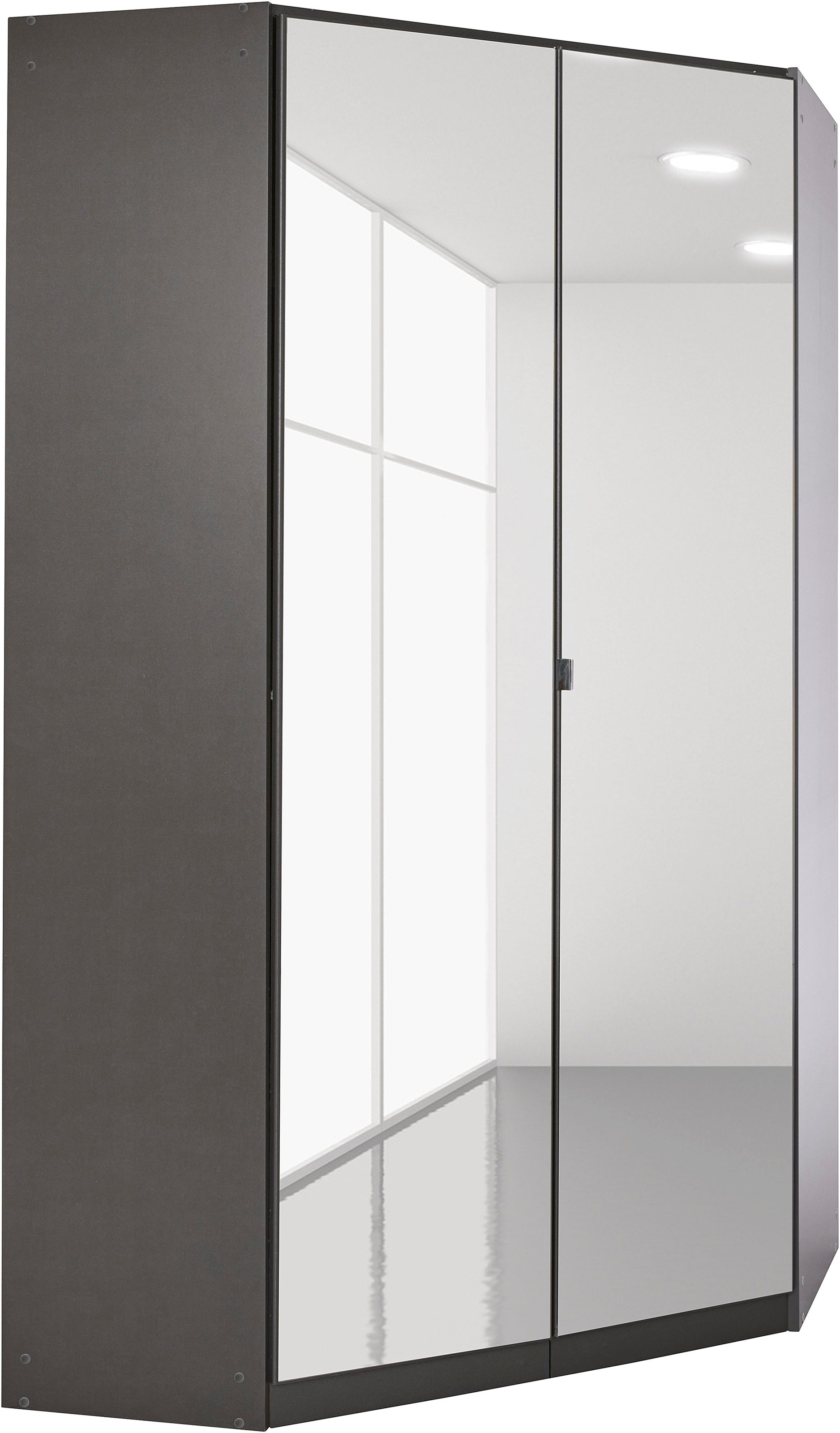 Eckschrank INOSIGN BY RAUCH "Kleiderschrank Schrank Garderobe Wäscheschrank VANDOR", grau (graumetallic), B:117cm H:197cm T:104cm, Holzwerkstoff, Schränke, Eckschrank, voll ausgestattet, viel Stauraum, Spiegel vollflächig MADE IN GERMANY