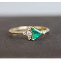 Emerald Diamond Ring Yellow Gold, Mini Cluster With Triangle Emerald, Unique Engagement