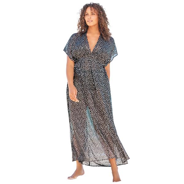 plus-size-womens-long-caftan-cover-up-by-swim-365-in-silver-black-dots--size-1x-2x--swimsuit-cover-up/