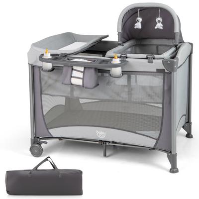 Costway 5-in-1 Portable Baby Playard with Cradle and Storage Basket-Gray