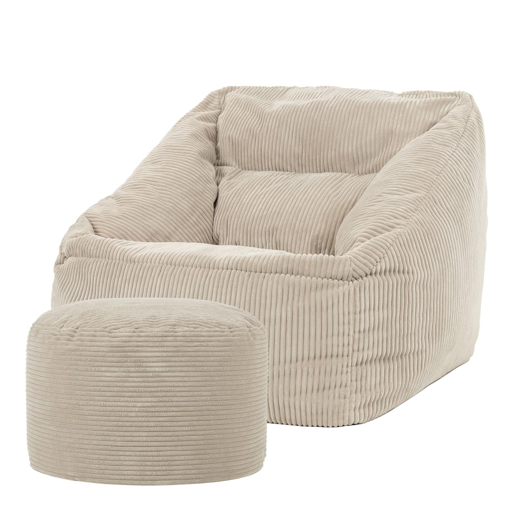Pouf fauteuil avec repose-pied rond velours côtelé beige galet