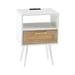 Modern Side table with Drawer and Solid Wood Legs,Rattan Nightstand with Power Outlet & USB Ports