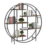 Paproos Round Metal Bookshelf 5-Tier Large Bookcase Freestanding Open Bookshelves with Wooden Shelves Display Shelf Unit Storage Organizer Plant Stand for Living Room Terrace Garden Balcony Black