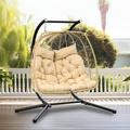 Dextrus Hanging Egg Swing Chair with Stand Double Egg Chair 2 Person Wicker Chair Indoor Outdoor Hammock Egg Chair with Cushions 500lbs for Patio Bedroom Garden and Balcony Beige