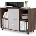 AngLink 2 Drawer File Cabinet Large Mobile Lateral Filing Cabinet for Letter Size Mobile Horizontal Filing Cabinet with 4 Open Storage Shelves Printer Stand for Home Office (Walnut/Light Gray)